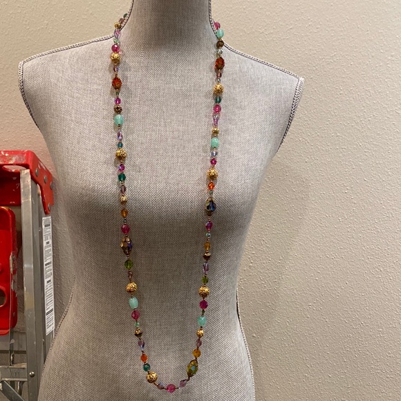 Women's long gold multi colored beads and stones necklace - Picture 3 of 8